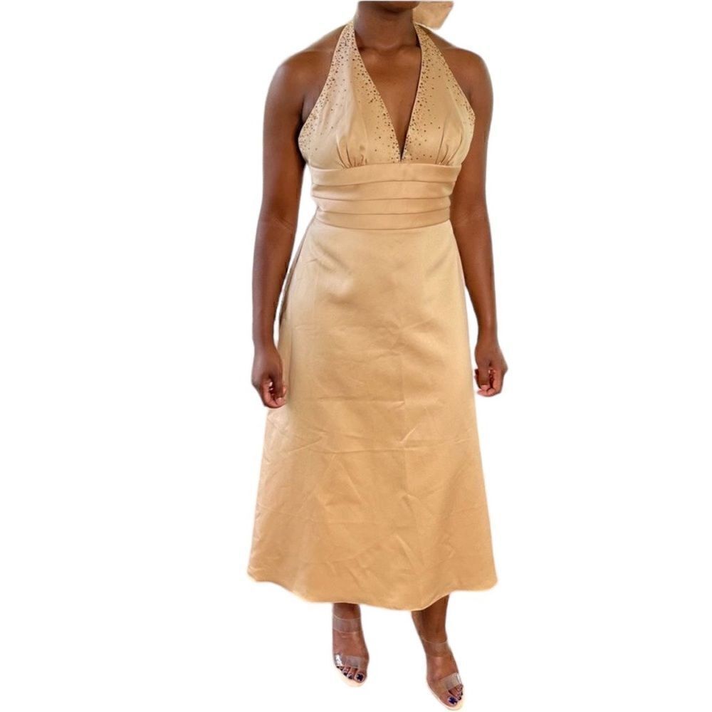 Windsor Gold Satin Embellished MIDI Halter Dress with Bow